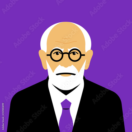 Professor. Elderly scientist: white hair, beard, suit, eyeglasses. Portrait, avatar, face. Vector illustration.