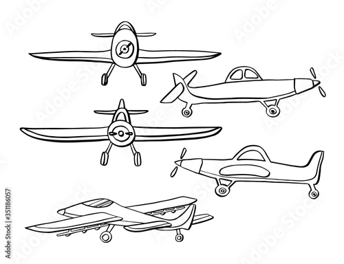Set Airplane in hand drawn doodle style isolated on white background. Set of agricultural aircraft vector outline icons for kids playing
