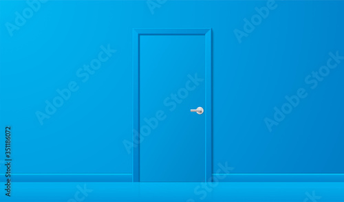 Blue door in a blue interior. Simple shape closed door with chrome handle standing in the center of the blue wall background, in a front view. Business concept vector illustration.