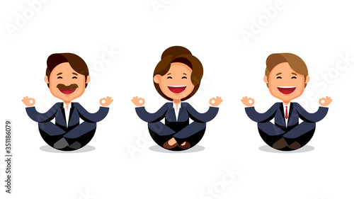 Businessmen are sitting in lotus pose. Fun and nice characters in a business suit. Meditation, relaxing, reloading.