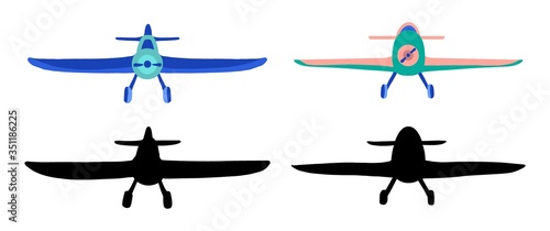 Set colored and black silhouette Airplane in doodle style isolated on white background. Set of agricultural aircraft vector outline
