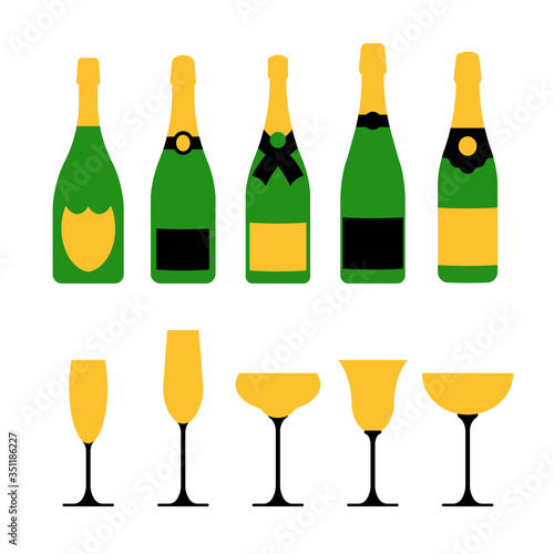 Set of different champagne bottles and glasses. Vector isolated.