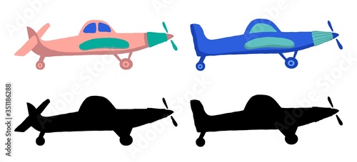 Set colored and black silhouette Airplane in doodle style isolated on white background. Set of agricultural aircraft vector outline icons
