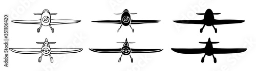 Set Airplane in hand drawn doodle style isolated on white background. Set of agricultural aircraft vector outline and silhouette photo