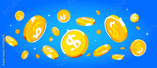Dollars. Random falling gold dollars coins. Concept investment, income, savings and money.