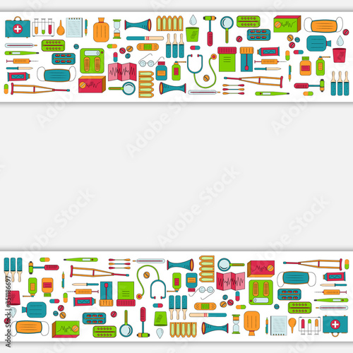 Color border frame on the theme of medicine with medicines and tools, white background, vector illustration, design, decoration
