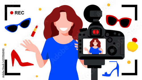 Video blogger making video for blog or vlog review. Cute girl video blogger and camera. Vector flat illustration.