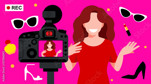 Video blogger making video for blog or vlog review. Cute girl video blogger and camera. Vector flat illustration.