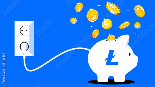 Piggy bank with cryptocurrency. Gold coins fall into the piggy bank. On the piggy bank is a cryptocurrency symbol. The concept of investment in cryptocurrency, blockchain technology, digital economy.
