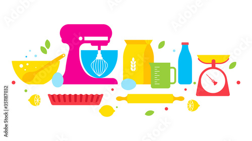Kitchen and cooking. Set of kitchen utensils for cooking. Ingredients: flour, milk, pastries, dough, eggs, kitchen recipes. Colorful Vector elements for the kitchen. Trend style.