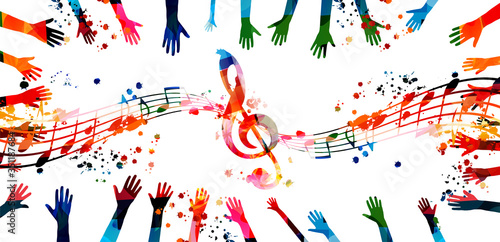 Music background with colorful G-clef, music notes and hands vector illustration design. Artistic music festival poster, live concert events, party flyer, music notes signs and symbols