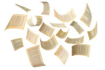 Many flying pages isolated on white background. Abstract and creative shot for editing photos. 