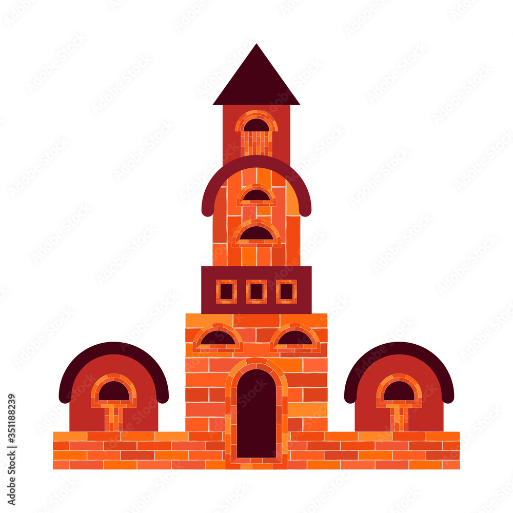 An old brick house with windows and a door on the foundation is isolated on a white background. Red and brown. Vector illustration for web design or print.