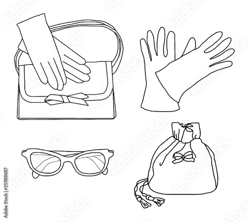 Set of women accessories - gloves, bags, sunglasses - hand drawn illustrations