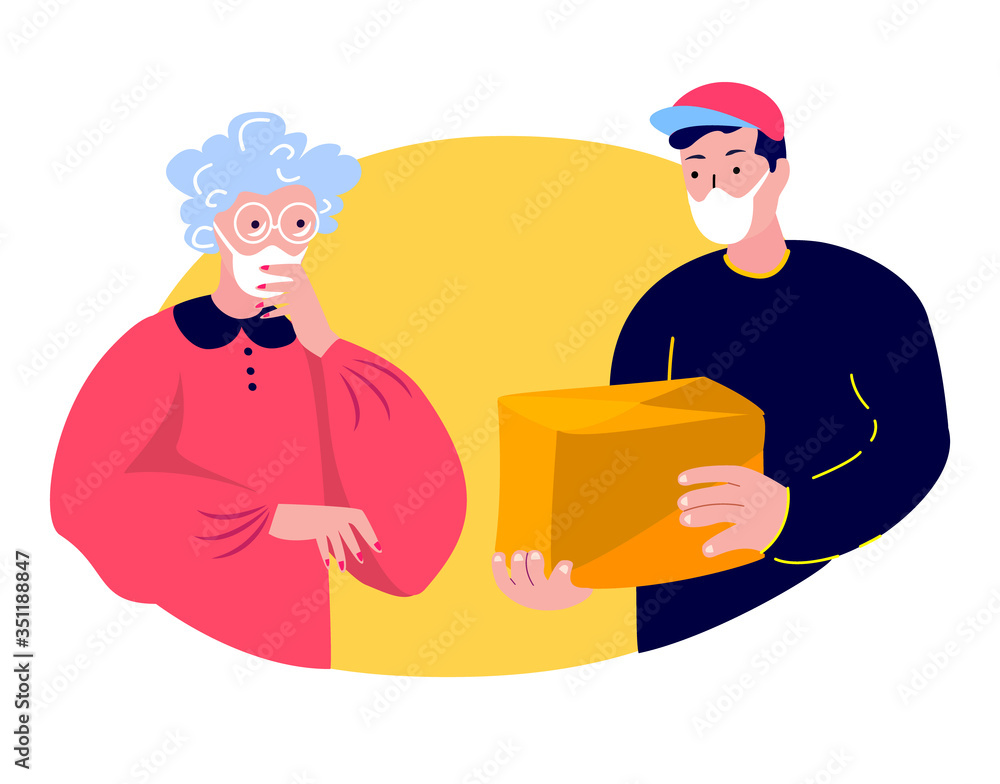 Deliveryman Deliver Purchase to Pensioner Old Woman in Medical Face Mask. Consumption Shopping.Buy Home,Receive Parcel,Delivery. Coronavirus Epidemic Quarantine.Dialog Service.Flat Vector Illustration