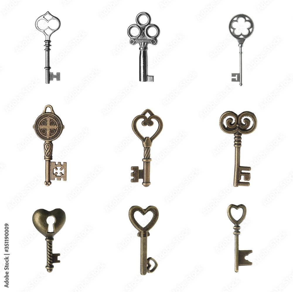 Set of different ornate keys on white background Set of different ornate keys on white background
