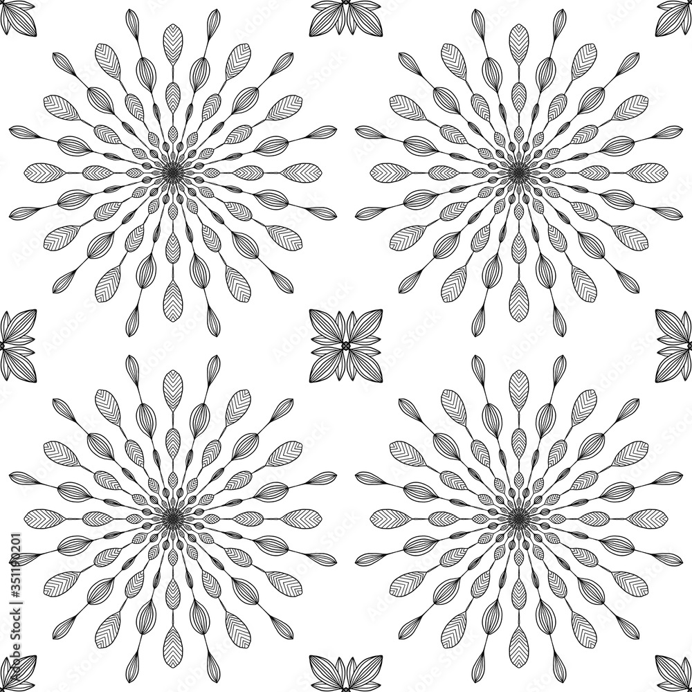 Black and white hand drawn mandala seamless pattern for luxury fabric, textile, linen and backgrounds Black and white hand drawn mandala seamless pattern for luxury fabric, textile, linen and backgrounds