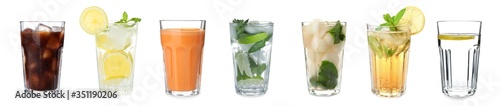 Set of different refreshing drinks on white background. Banner design