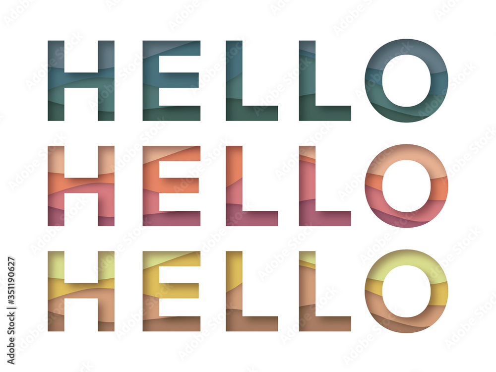 Hello paper cut quote design. Cute greeting banner, card, backdrop, wallpaper, print. White backdrop and bright letters