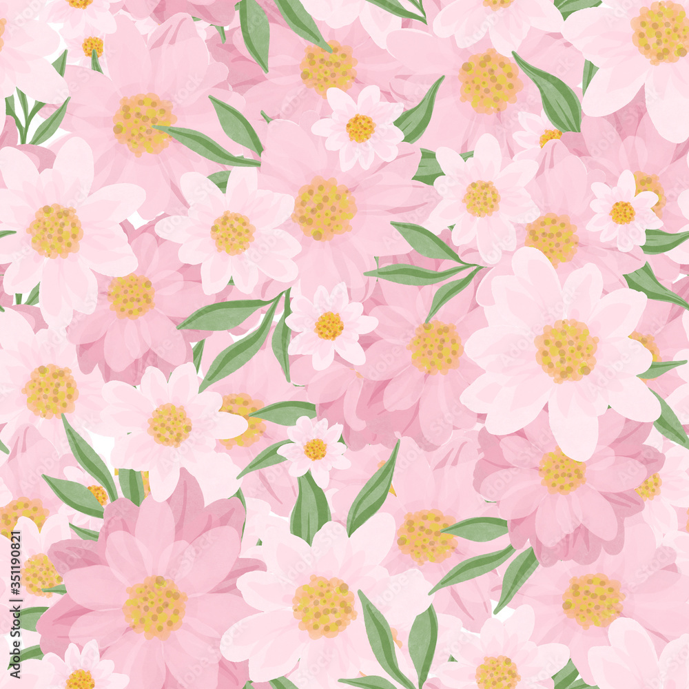 Pink chhrysanthemum chamomile seamless pattern. Hand drawn illustration. Premium design for fabric, bed linen, home textile, wrapping paper, wallpaper, fashion, packaging Pink chhrysanthemum chamomile seamless pattern. Hand drawn illustration. Premium design for fabric, bed linen, home textile, wrapping paper, wallpaper, fashion, packaging