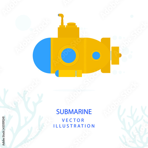 Submarine. Yellow submarine and underwater corals vector illustration. Part of set.