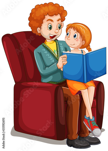 Father reding story to daughter on the sofa