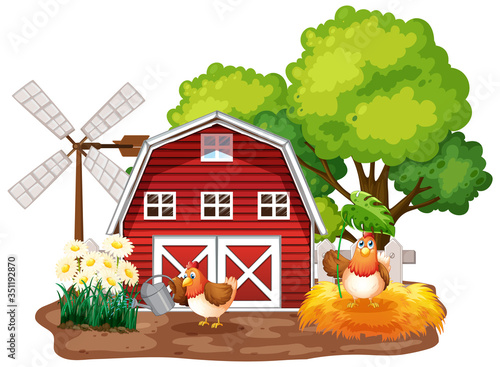 Farm theme background with farm animals and red barn