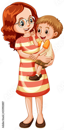 Happy boy and his mother on white background