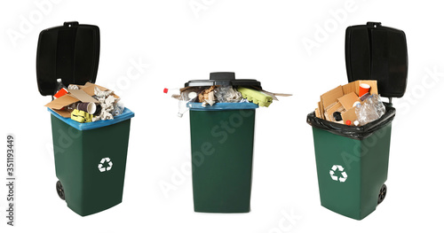 Set of trash bins with garbage on white background. Waste management and recycling