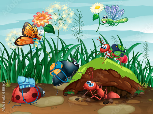 Scene with many bugs in the garden