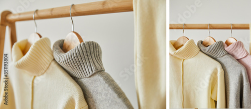 collage of pink, beige and grey knitted soft sweaters hanging on wooden hangers isolated on white