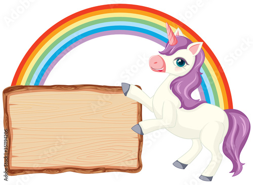 Cute unicorn with blank banner sign on white background