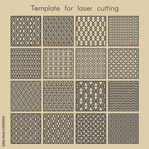 Templates for laser cutting. Big set square stencils for panels of wood, metal. Geometric pattern. Abstract background for cut. Vector illustration. Decorative cards.