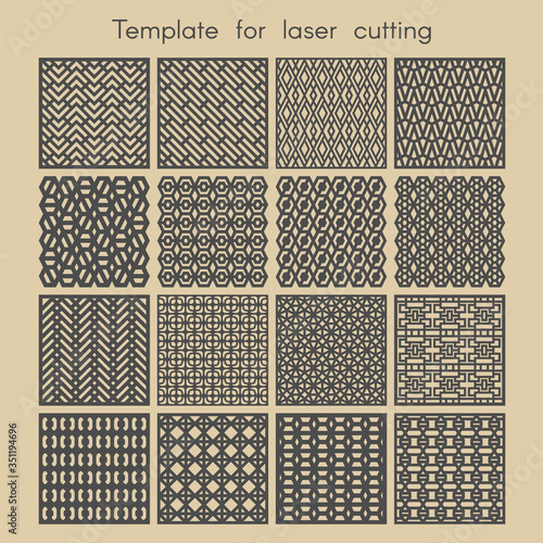 Templates for laser cutting. Big set square stencils for panels of wood, metal. Geometric pattern. Abstract background for cut. Vector illustration. Decorative cards.