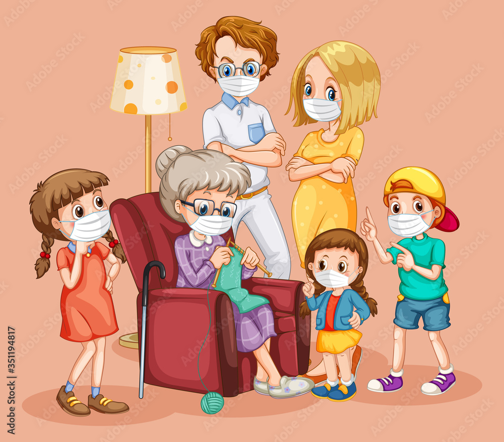 Family member cartoon character wearing mask on color background Family member cartoon character wearing mask on color background