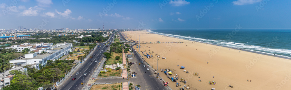 Panoramic view of Chennai, the Marina beach and Kamarajar Promenade