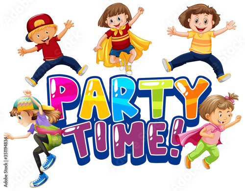 Font design for word party time with happy kids smiling