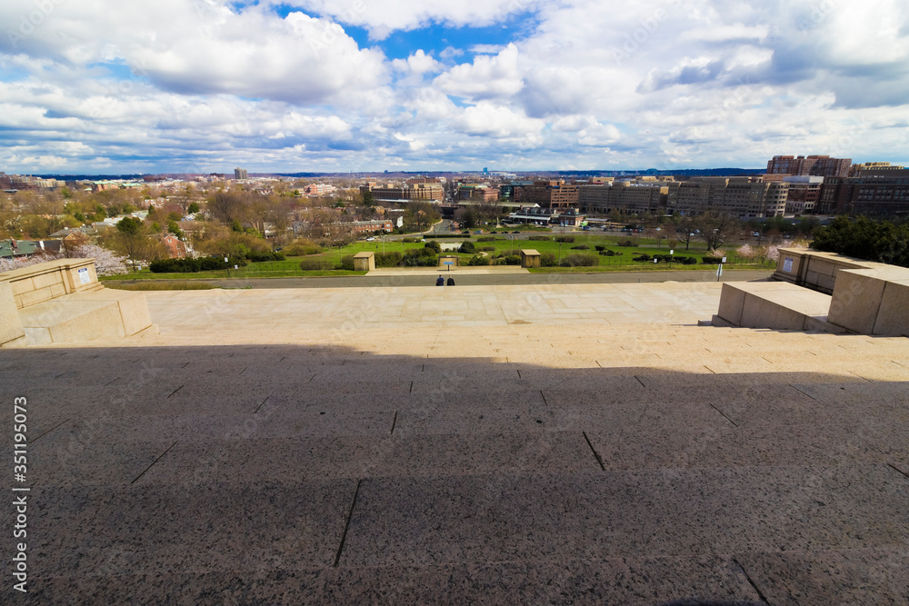 Spring vista overlooking Alexandria, Virginia from the ceremonial approach of the George Washington Masonic National Memorial atop Shuter's Hill