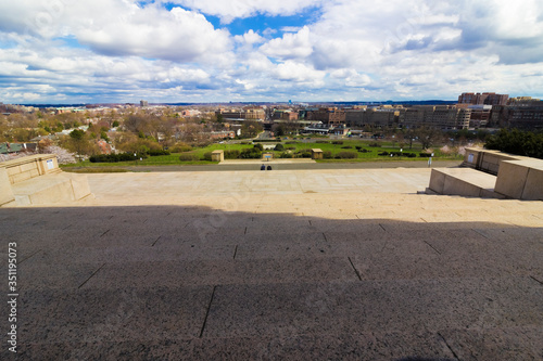 Spring vista overlooking Alexandria, Virginia from the ceremonial approach of the George Washington Masonic National Memorial atop Shuter's Hill