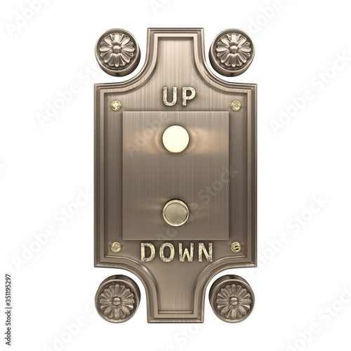 Retro metal panel with glowing elevator call buttons. Buttons up and down. Front view . 3d illustration isolated on white background.