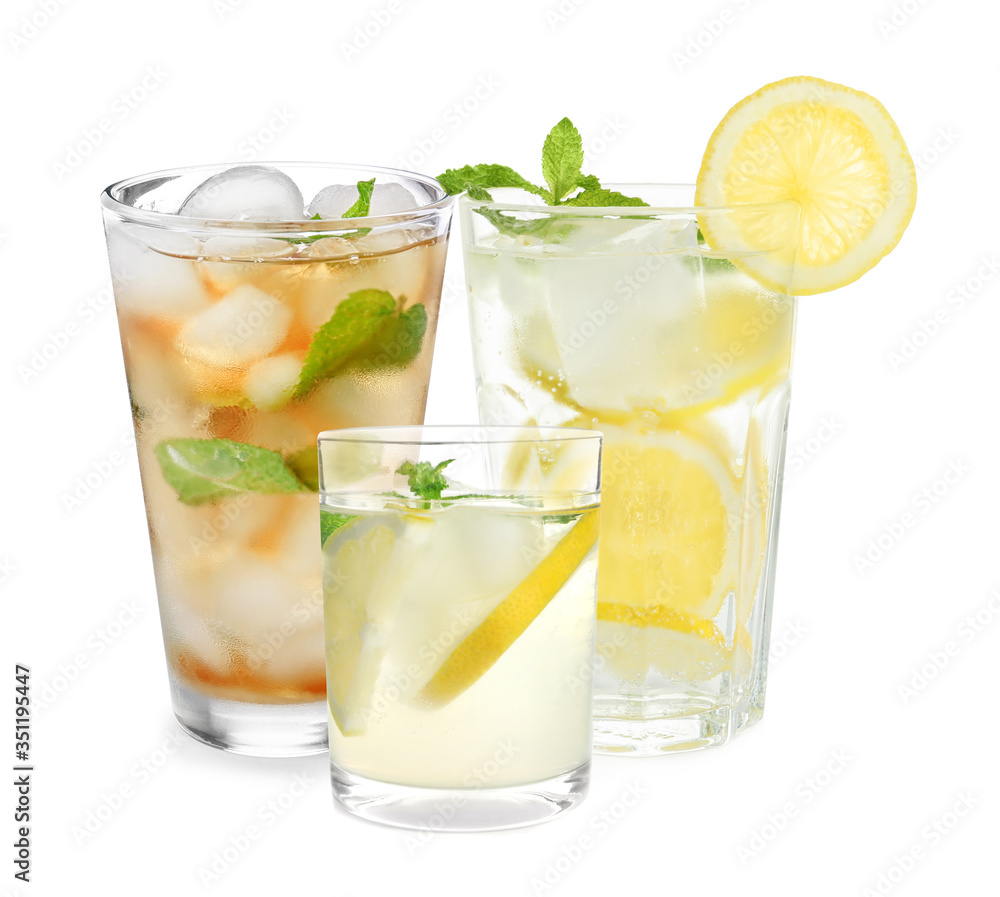 Set of refreshing nonalcoholic drinks on white background Set of refreshing nonalcoholic drinks on white background