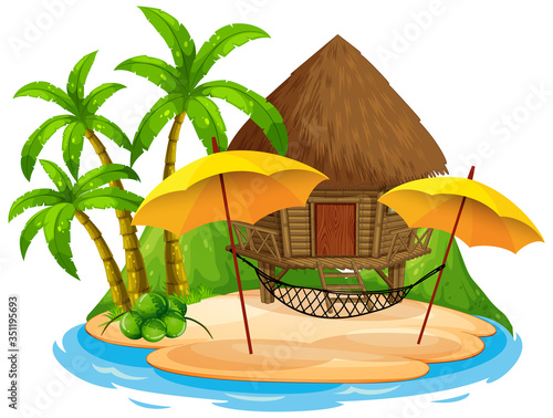 Scene with hut on the beach on white background