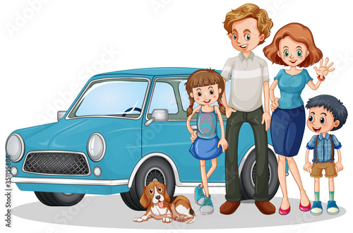 Happy family in front of car