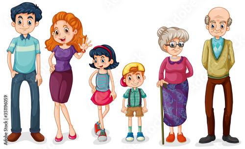 Family members with parents and kids on white background