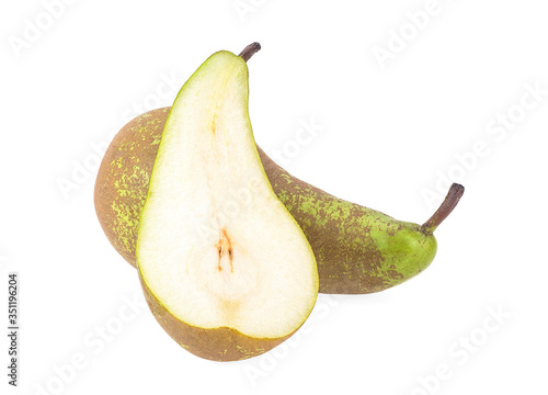 One whole and a half of yellow pear fruits isolated on a white background