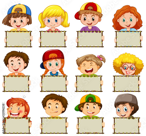 Blank sign template with happy children on white background