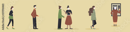 Queue of clients to receive cash at teller machine in bank during epidemic of virus.Customers in protective medical masks who waiting in line at safe distance for access to an ATM.Vector illustration