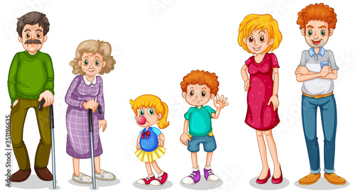 Family members with parents and kids on white background