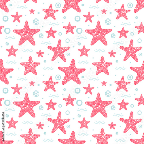 Stars seamless hand drawn vector background. Various sea starfish sketch drawing endless texture. 