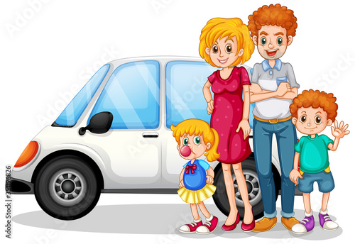 Happy family in front of car